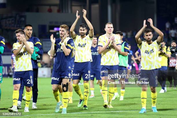 Happy by Miha Zajc, Ismail Yueksek, Luan Peres, Attila Szalai and Diego Rossi of Fenerbahce Istanbul during the Europa League Play Off First Leg...