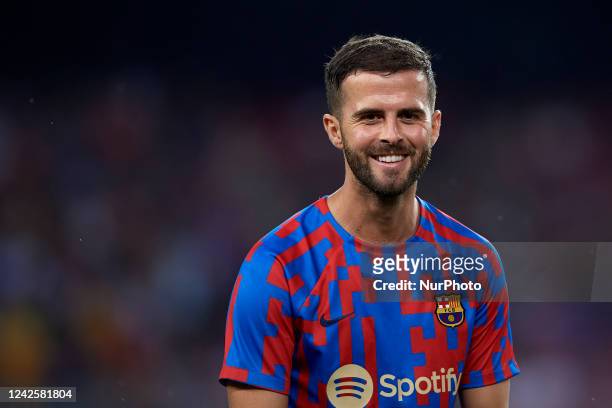 Miralem Pjanic central midfield of Barcelona and Bosnia-Herzegovinaduring the warm-up before the La Liga Santander match between FC Barcelona and...