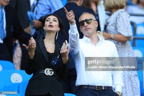 Bournemouth Chief Executive Neill Blake stands next to his wife, Alesya Blake, before during the Premier League match between Manchester City and AFC...