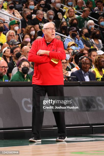 Head Coach Mike Thibault of the Washington Mystics looks on during Round 1 Game 1 of the 2022 WNBA Playoffs on August 18, 2022 at the Climate Pledge...