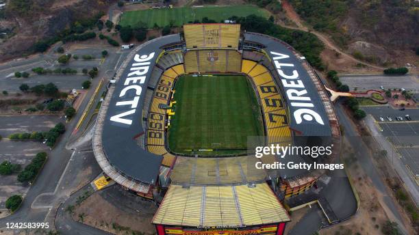 Aerial view of the stadium ahead the final of Copa Conmebol Libertadores 2022 at Estadio Monumental Isidro Romero Carbo on August 18, 2022 in...