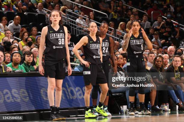 The Seattle Storm looks on during Round 1 Game 1 of the 2022 WNBA Playoffs on August 18, 2022 at the Climate Pledge Arena in Seattle, Washington....