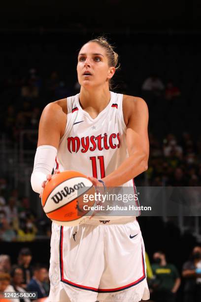 Elena Delle Donne of the Washington Mystics prepares to shoot a free throw during Round 1 Game 1 of the 2022 WNBA Playoffs on August 18, 2022 at the...