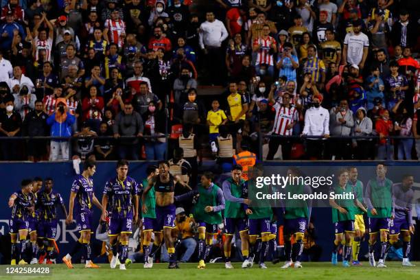 Abel Hernandez of Atletico San Luis celebrates after scoring his team's third goal during the 9th round match between Atletico San Luis and Pumas...