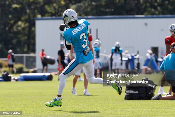 Carolina Panthers wide receiver Robbie Anderson makes a grab during a joint practice between the New England Patriots and the Carolina Panthers on...