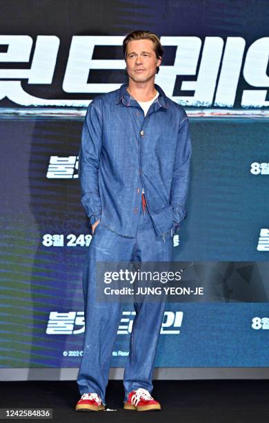 American actor Brad Pitt poses for a photo during a press conference to promote his film "Bullet Train" in Seoul on August 19, 2022.