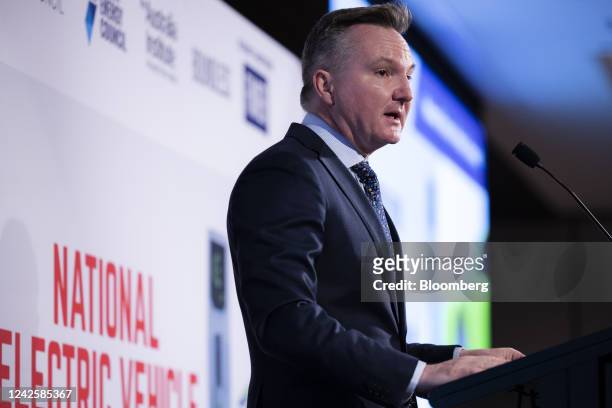 Chris Bowen, Australia's minister for Climate Change and Energy, speaks at the inaugural National Electrical Vehicle Summit in Canberra, Australia,...