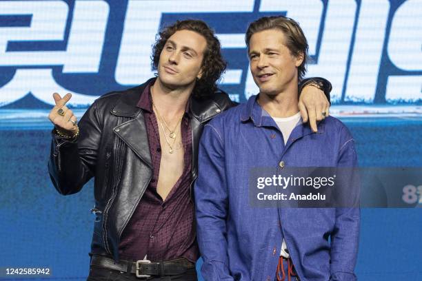 Brad Pitt , Aaron Taylor-Johnson attend a press conference to promote new movie âBullet Trainâ at Conrad hotel in Seoul, South Korea on August 19,...