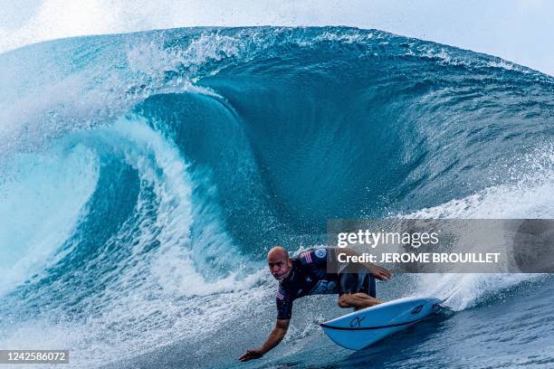 Kelly Slater competes during the Outerknown Tahiti Pro 2022, the Men's WSL Championship Tour, in Teahupo'o, French Polynesia, on August 18, 2022.