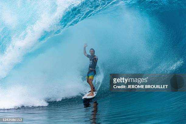 South Africa's Jordy Smith competes during the Outerknown Tahiti Pro 2022, the Men's WSL Championship Tour, in Teahupo'o, French Polynesia, on August...