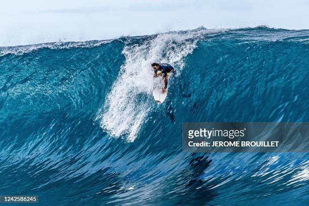 South Africa's Jordy Smith competes during the Outerknown Tahiti Pro 2022, the Men's WSL Championship Tour, in Teahupo'o, French Polynesia, on August...