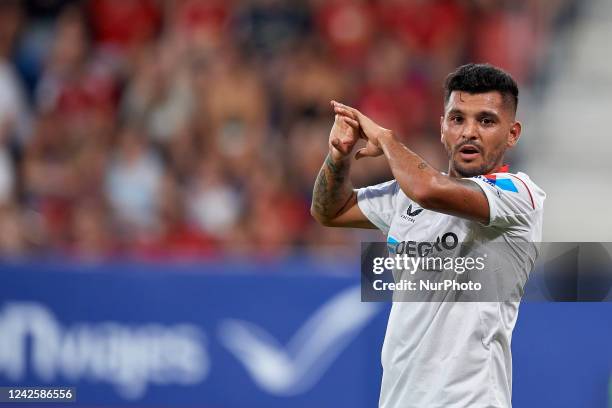 Tecatito right winger of Sevilla and Mexico in action during the La Liga Santander match between CA Osasuna and Sevilla FC at El Sadar Stadium on...