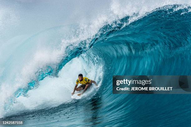 Brazil's Filipe Toledo competes during the Outerknown Tahiti Pro 2022, the Men's WSL Championship Tour, in Teahupo'o, French Polynesia, on August 18,...