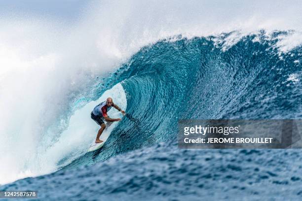 Kelly Slater competes during the Outerknown Tahiti Pro 2022, the Men's WSL Championship Tour, in Teahupo'o, French Polynesia, on August 18, 2022.