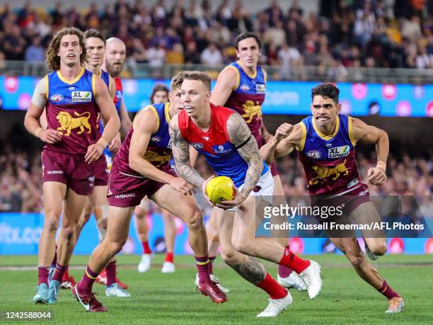 James Harmes of the Demons in action during the 2022 AFL Round 23 match between the Brisbane Lions and the Melbourne Demons at The Gabba on August...