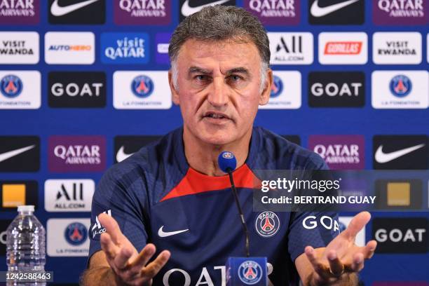 Paris-Saint-Germain head coach Christophe Galtier holds a press conference at the 'Camp des Loges', French L1 Paris Saint-Germain football club's...