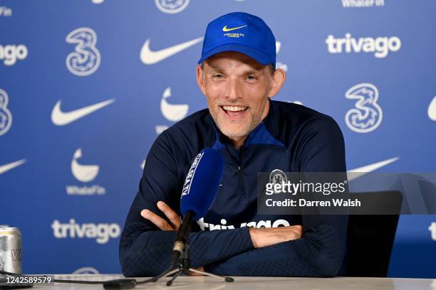 Manager Thomas Tuchel of Chelsea attends a press conference at Chelsea Training Ground on August 19, 2022 in Cobham, England.