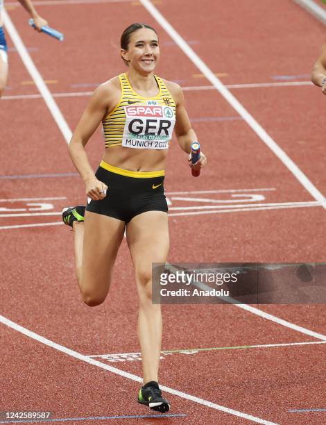 Rebekka Haase of Germany competes in women's 4x100m relay 1st round during the European Championships Munich 2022 at Olympic Stadium in Munich,...