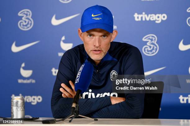 Manager Thomas Tuchel of Chelsea attends a press conference at Chelsea Training Ground on August 19, 2022 in Cobham, England.