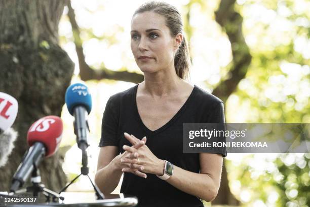 Prime minister of Finland Sanna Marin holds a press conference in Helsinki, Finland, on August 19 after videos showing her partying and leaked into...