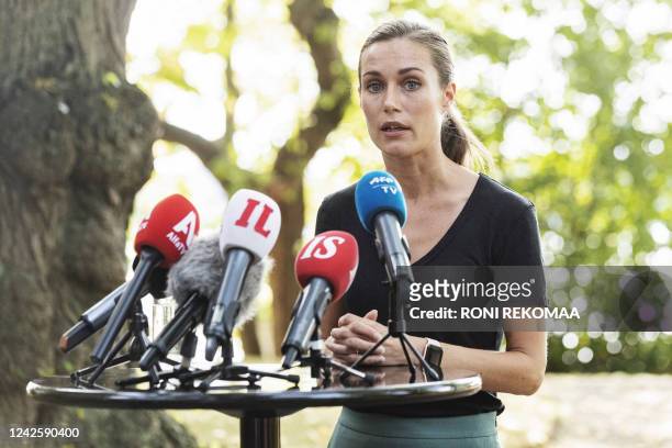 Prime minister of Finland Sanna Marin holds a press conference in Helsinki, Finland, on August 19 after videos showing her partying and leaked into...
