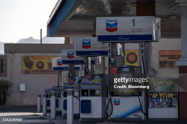 Vacant fuel pump stations at a Chevron gas station in Las Vegas, Nevada, US, on Thursday, July 21, 2022. Soaring housing costs and gasoline prices...