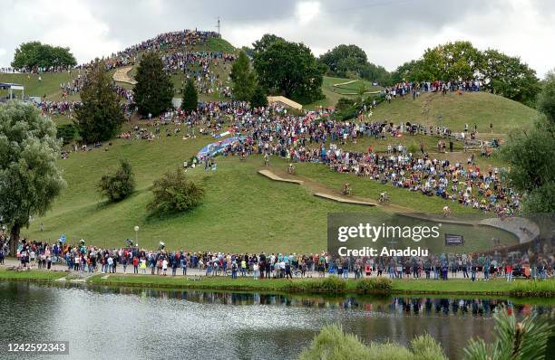 General view of Olympiapark as athletes compete in the Men's Mountain Bike Cross Country Final event during the European Championships Munich 2022 in...