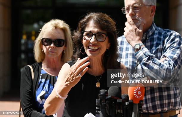 Diane Foley , the mother of James Foley, and Carl and Marsha Mueller, the parents of Kayla Mueller, speak to reporters outside the Albert V. Bryan...