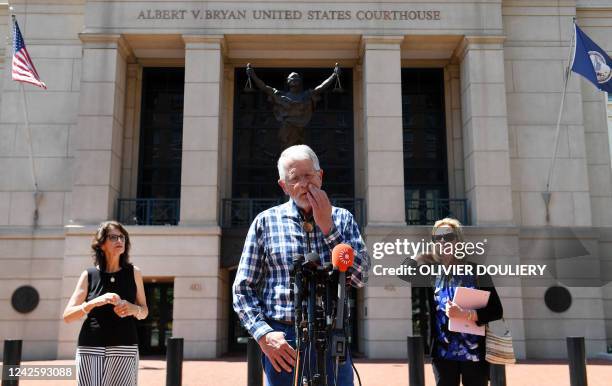 Diane Foley , the mother of James Foley, and Carl and Marsha Mueller, the parents of Kayla Mueller, speak to reporters outside the Albert V. Bryan...