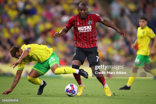 Benik Afobe of Millwall in action with Onel Hernandez of Norwich City during the Sky Bet Championship between Norwich City and Millwall at Carrow...