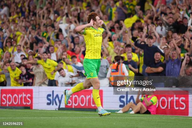 Josh Sargent of Norwich City celebrates scoring the opening goal during the Sky Bet Championship between Norwich City and Millwall at Carrow Road on...