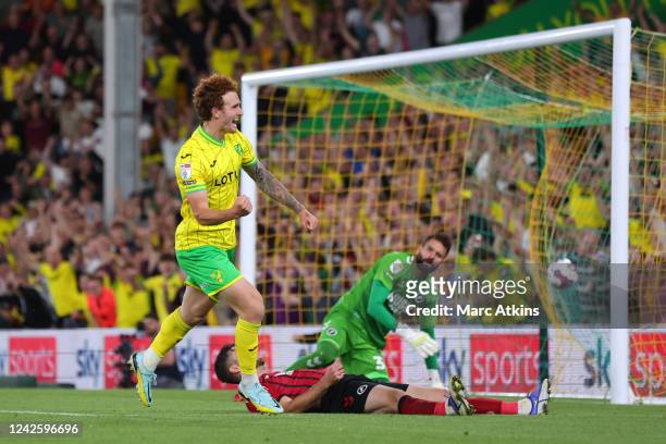 Josh Sargent of Norwich City celebrates scoring the opening goal during the Sky Bet Championship between Norwich City and Millwall at Carrow Road on...