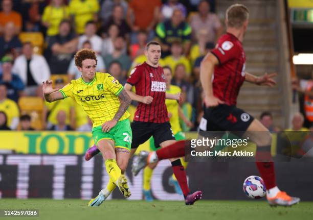 Josh Sargent of Norwich City scores the 2nd goal during the Sky Bet Championship between Norwich City and Millwall at Carrow Road on August 19, 2022...