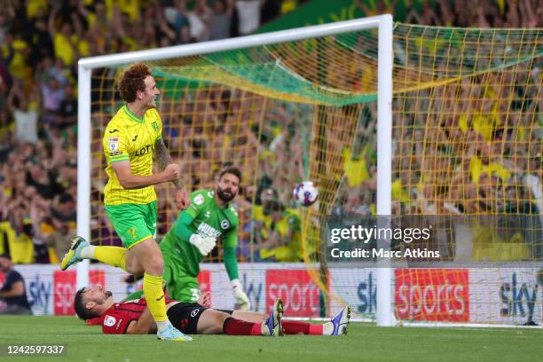 Josh Sargent of Norwich City celebrates scoring the opening goal during the Sky Bet Championship between Norwich City and Millwall at Carrow Road on...