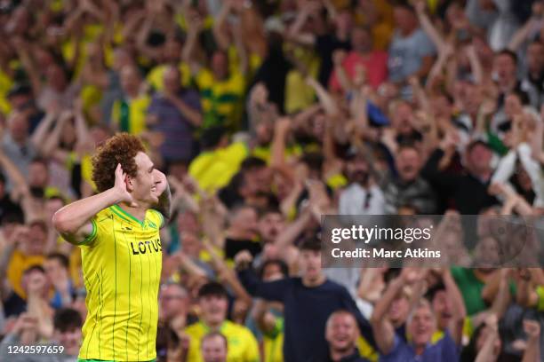 Josh Sargent of Norwich City celebrates scoring the opening goal during the Sky Bet Championship between Norwich City and Millwall at Carrow Road on...