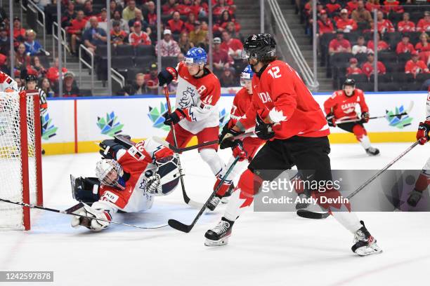 Tyson Foerster of Canada takes a shot on Tomas Suchanek of Czechia in the IIHF World Junior Championship on August 19, 2022 at Rogers Place in...