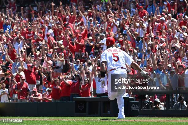 St. Louis Cardinals designated hitter Albert Pujols runs the bases after hitting as grand slam home run during a MLB game between the Colorado...