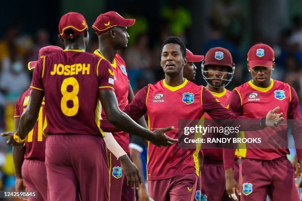 Akeal Hosein of West Indies celebrates the dismissal of Michael Bracewell of New Zealand during the 2nd ODI match between West Indies and New Zealand...