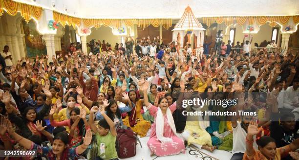 Devotees gather on the occasion of Shri Krishna Janmashtami at ISKCON temple on August 19, 2022 in Patna, India.