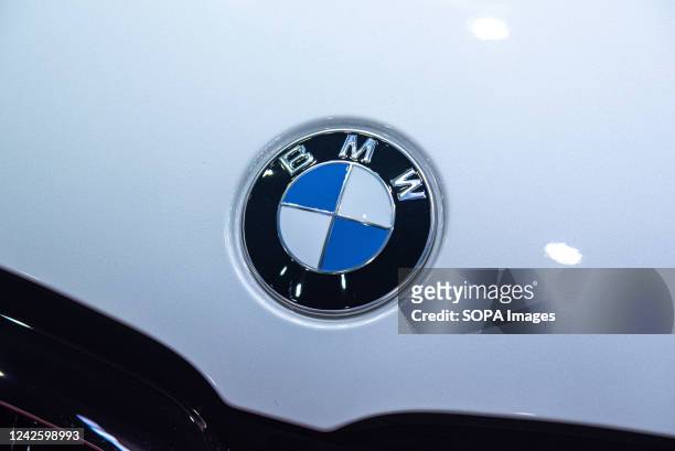 The BMW logo seen on a BMW iX3 M Sport car during the event. The Thailand Big Motor Sale 2022 runs from the 19 to 28 August 2022 at BITEC Bangna in...