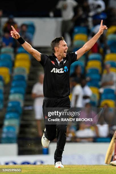 Trent Boult of New Zealand celebrates the dismissal of Kyle Mayers of West Indies during the 2nd ODI match between West Indies and New Zealand at the...