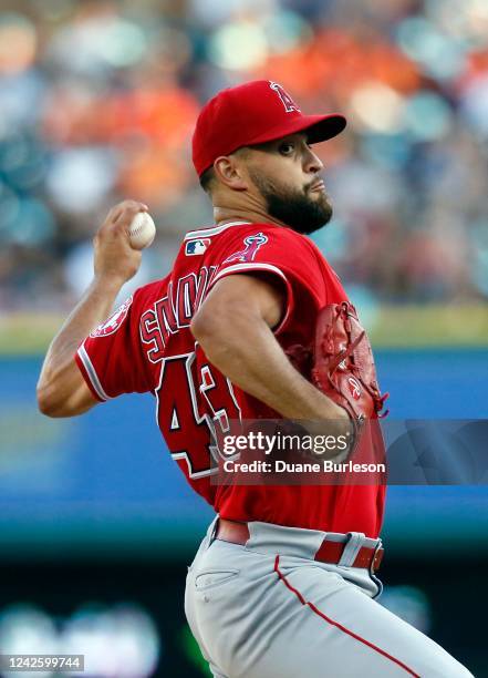 Patrick Sandoval of the Los Angeles Angels pitches against the Detroit Tigers during the second inning at Comerica Park on August 19 in Detroit,...