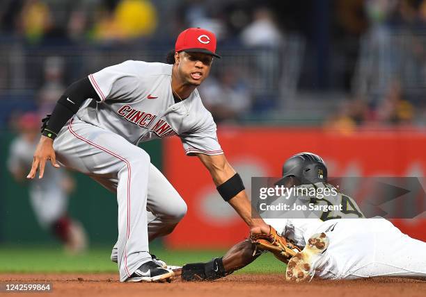 Greg Allen of the Pittsburgh Pirates safely steals second base in front of Jose Barrero of the Cincinnati Reds during the fifth inning at PNC Park on...