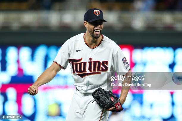 Jorge Lopez of the Minnesota Twins celebrates an out against the Texas Rangers to end the game at Target Field on August 19, 2022 in Minneapolis,...