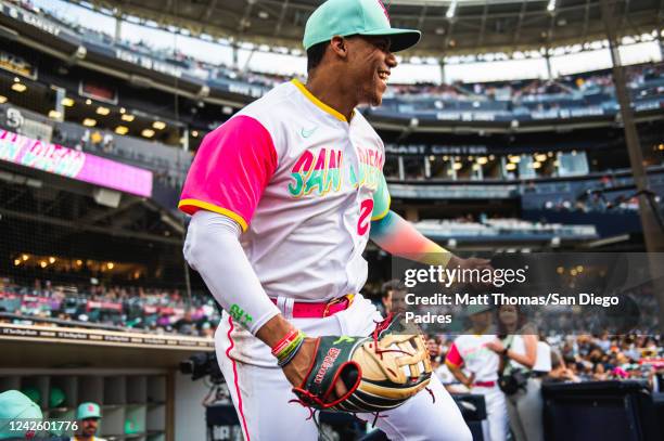 Juan Soto of the San Diego Padres takes the field before the start of the game against the Washington Nationals at the PETCO Park on August 19, 2022...