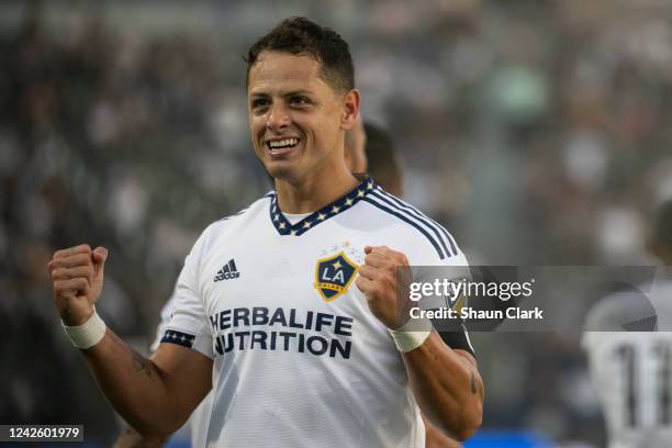 Javier Hernández of Los Angeles Galaxy celebrates his goal during the match against Seattle Sounders at the Dignity Health Sports Park on August 19,...