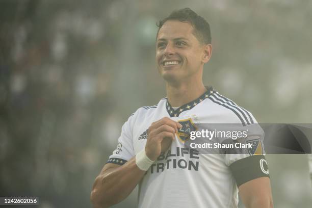 Javier Hernández of Los Angeles Galaxy celebrates his goal during the match against Seattle Sounders at the Dignity Health Sports Park on August 19,...