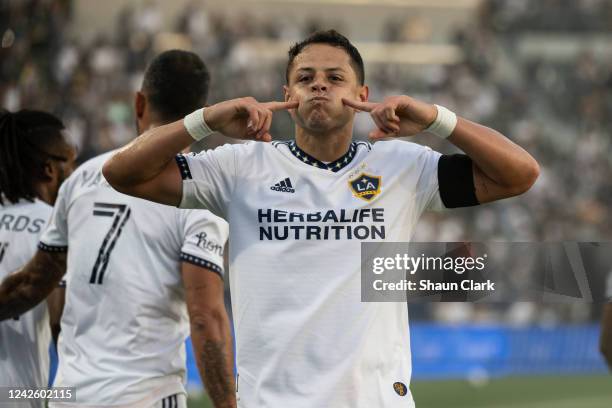 Javier Hernández of Los Angeles Galaxy celebrates his goal during the match against Seattle Sounders at the Dignity Health Sports Park on August 19,...