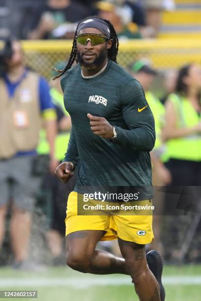 Green Bay Packers running back Aaron Jones runs onto the field during an NFL preseason game between the Green Bay Packers and the New Orleans Saints...