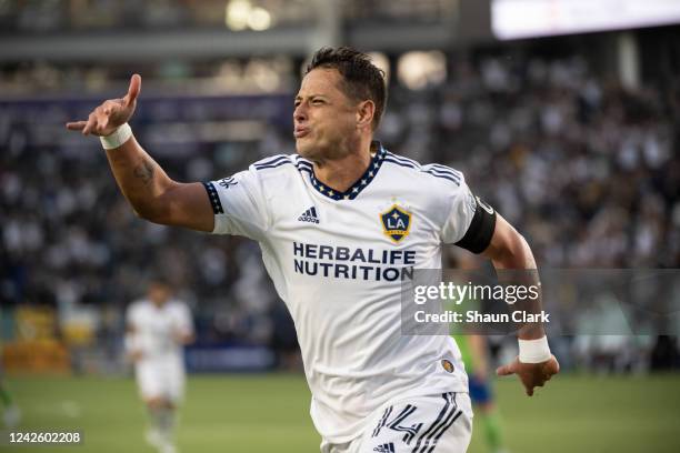 Javier Hernández of Los Angeles Galaxy celebrates his goal during the match against Seattle Sounders at the Dignity Health Sports Park on August 19,...